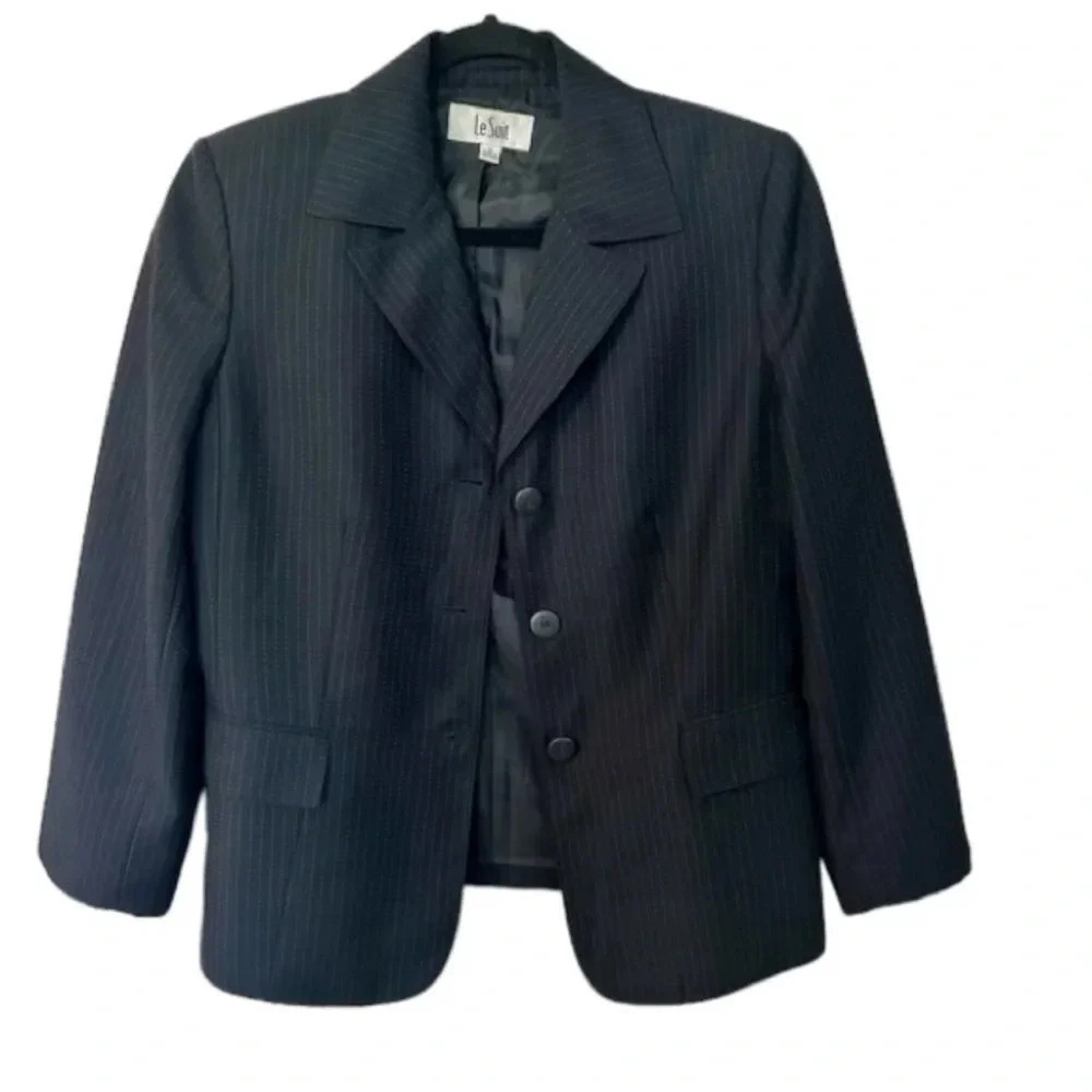 Le Suit Women’s Black Long Sleeve Lapel Collar Pinstripe Blazer Jacket Sz 12 GUC